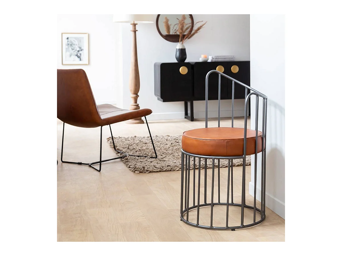 Fauteuil en cuir et métal marron Aly