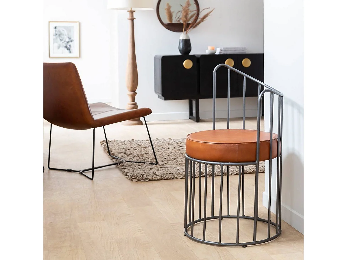 Fauteuil en cuir et métal marron Aly