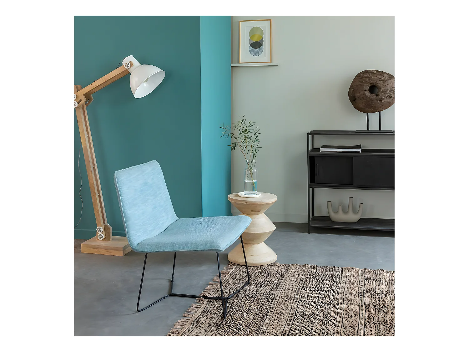 Fauteuil en tissu bleu et métal Isaure