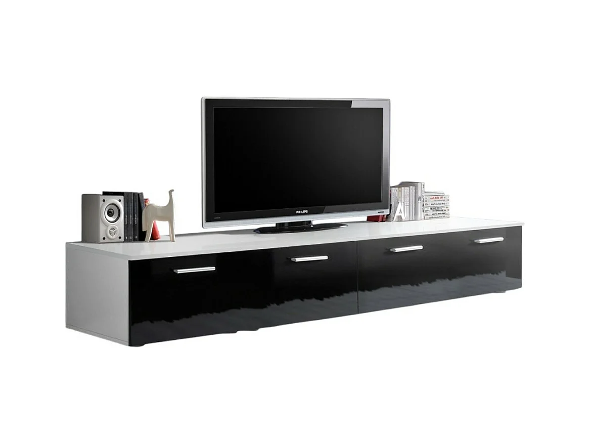 Meuble TV 200cm Collection COMET. Couleur blanc et noir. 2 portes abattantes.
