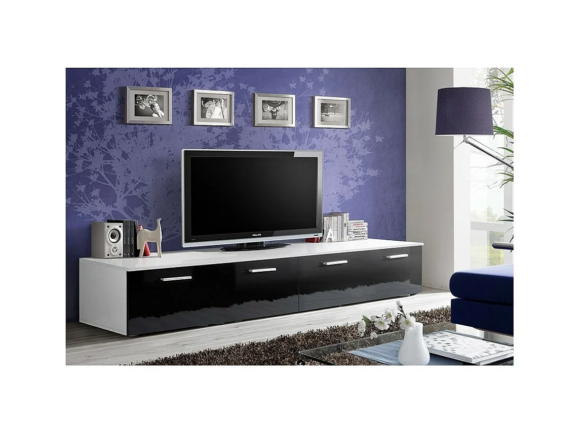 Meuble TV 200cm Collection COMET. Couleur blanc et noir. 2 portes abattantes.