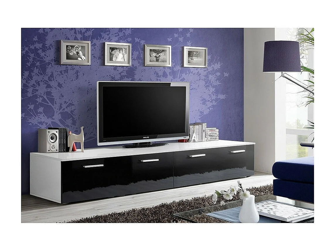 TV-meubel 200cm Collectie COMET. Kleur wit en zwart. 2 klapdeuren.
