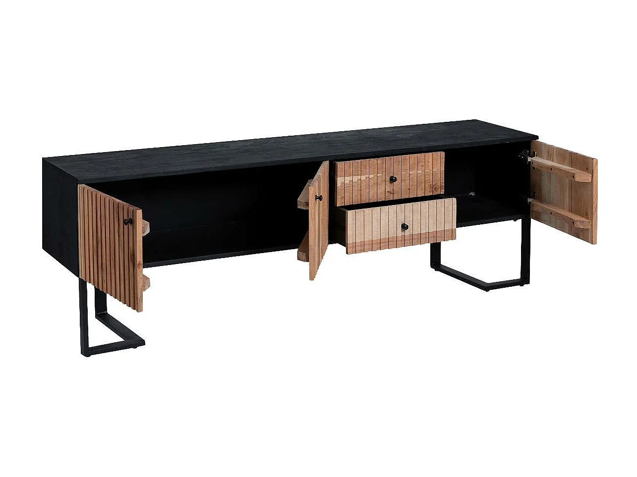 Mueble de TV de madera de acacia y metal Pippa con almacenamiento, diseño industrial