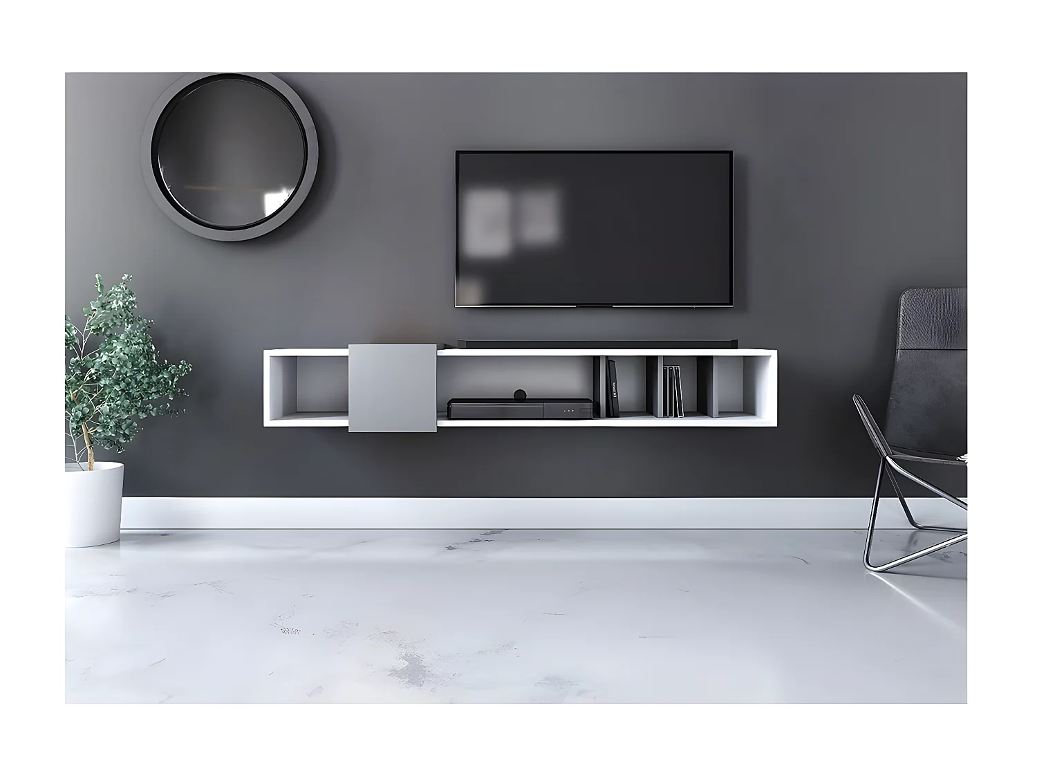 Meuble TV design suspendu SINA 150 cm. Coloris blanc et gris anthracite