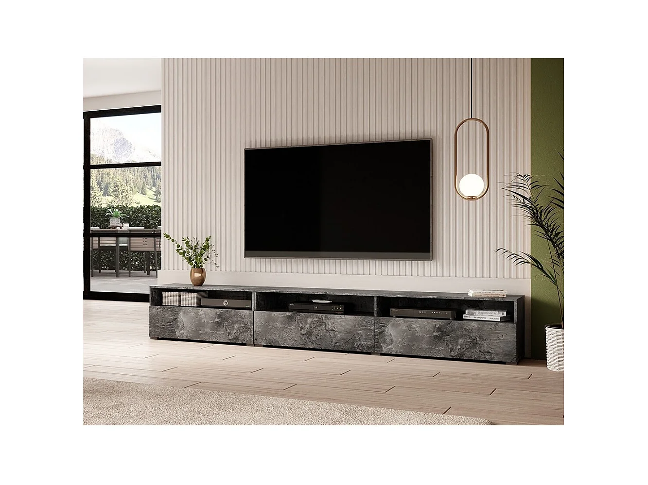Mueble TV XL RAMOS 270 cm – Gris efecto pizarra – 3 puertas abatibles + 3 nichos – Para colocar o colgar