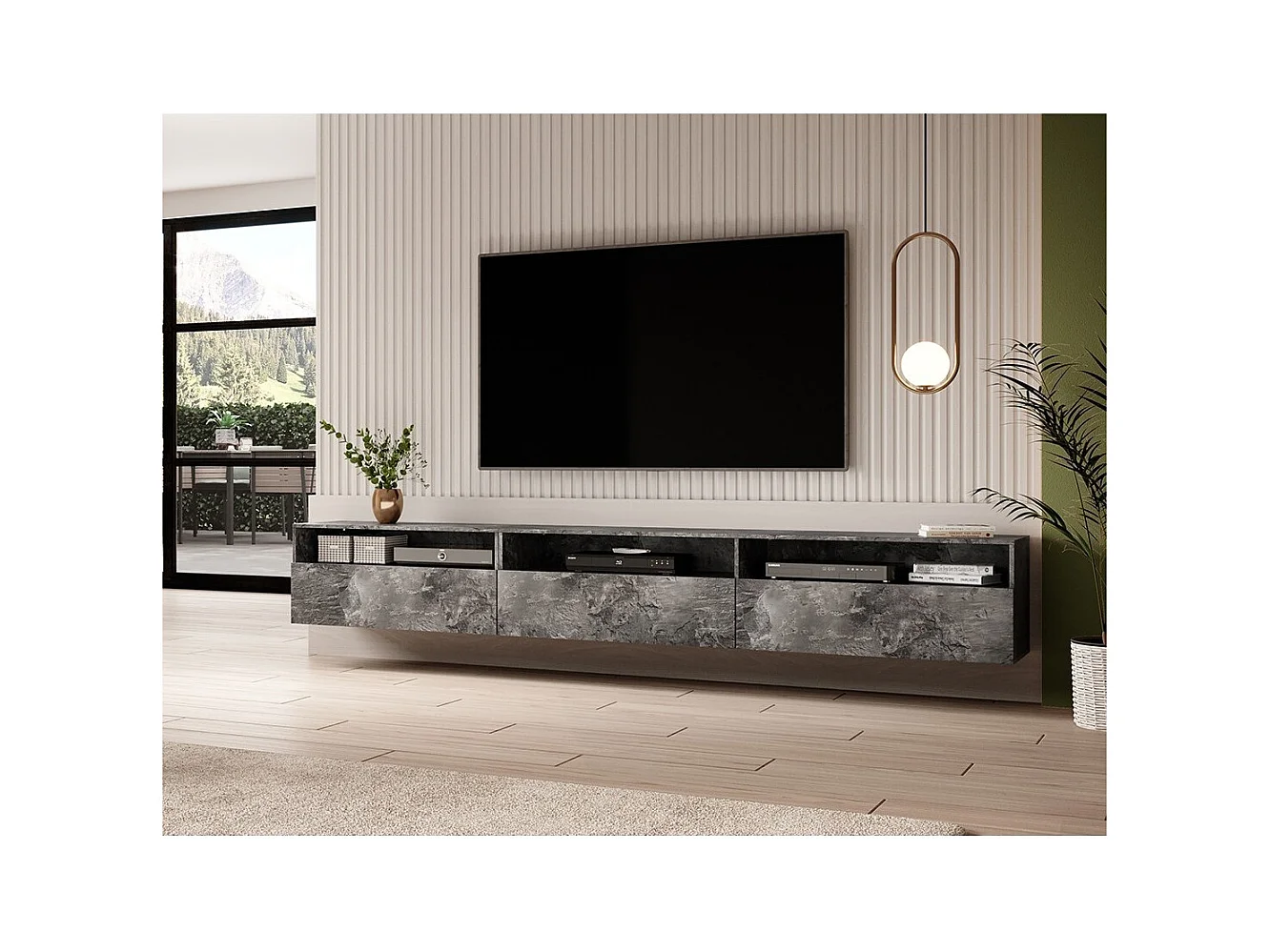 Mueble TV XL RAMOS 270 cm – Gris efecto pizarra – 3 puertas abatibles + 3 nichos – Para colocar o colgar