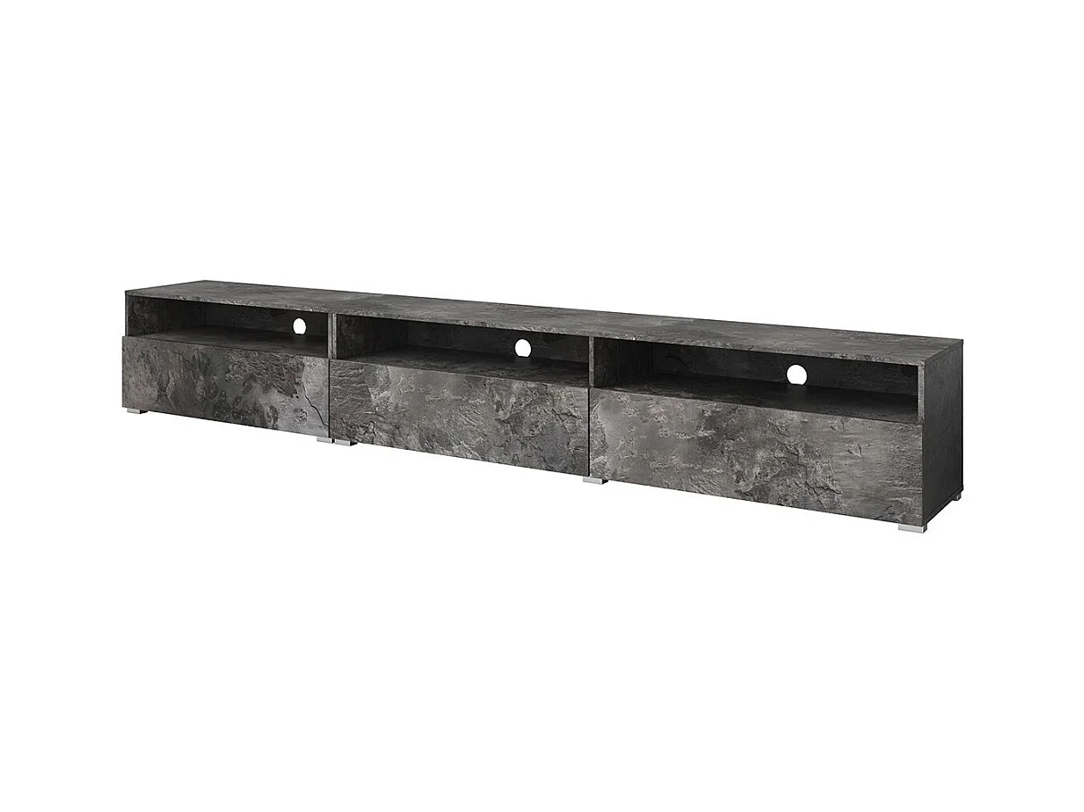 Meuble TV XL RAMOS 270 cm – Gris effet ardoise – 3 portes abattantes + 3 niches – À poser ou suspendre
