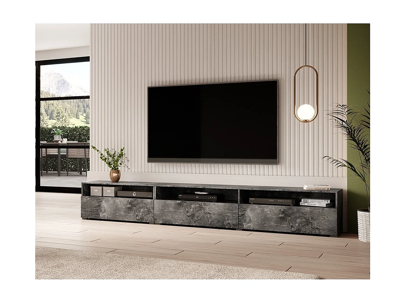 Meuble TV XL RAMOS 270 cm – Gris effet ardoise – 3 portes abattantes + 3 niches – À poser ou suspendre