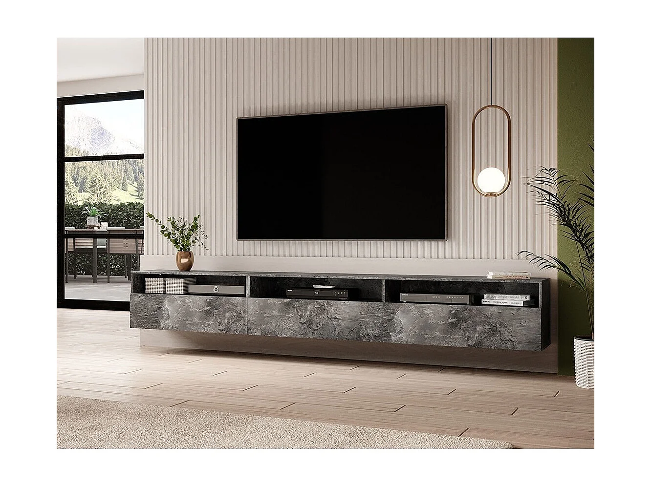 Meuble TV XL RAMOS 270 cm – Gris effet ardoise – 3 portes abattantes + 3 niches – À poser ou suspendre