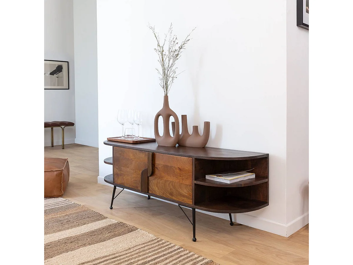 Mueble de TV de madera de acacia Juno con almacenamiento a la derecha