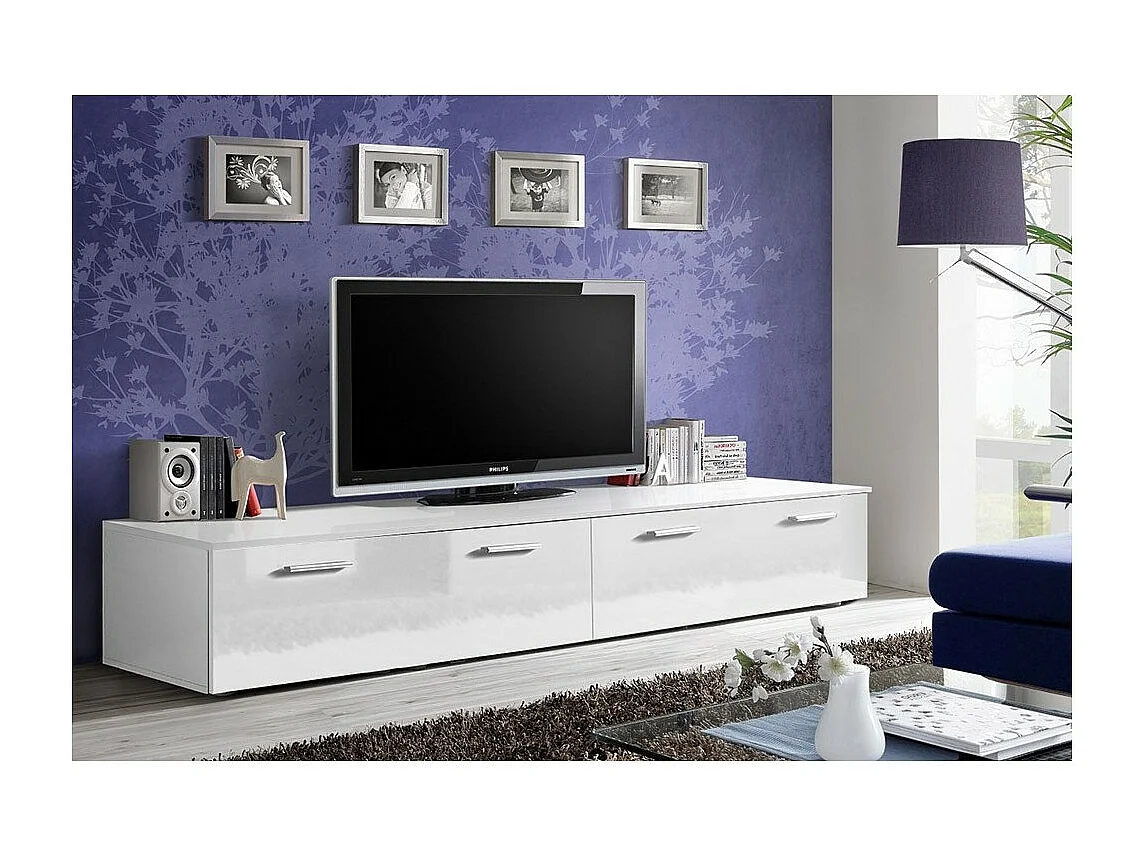 Meuble TV 200cm Collection COMET. Couleur blanc. 2 portes abattantes.