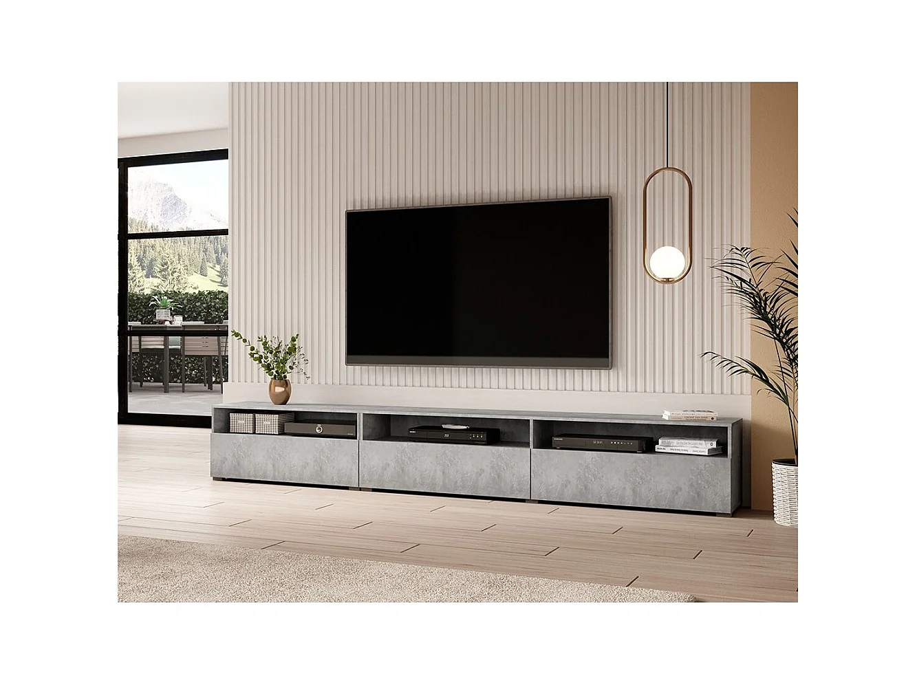 TV-Möbel XL RAMOS – 270 cm – 3 Türen + 3 Fächer – Betonoptik Grau – Zum Stellen oder Aufhängen