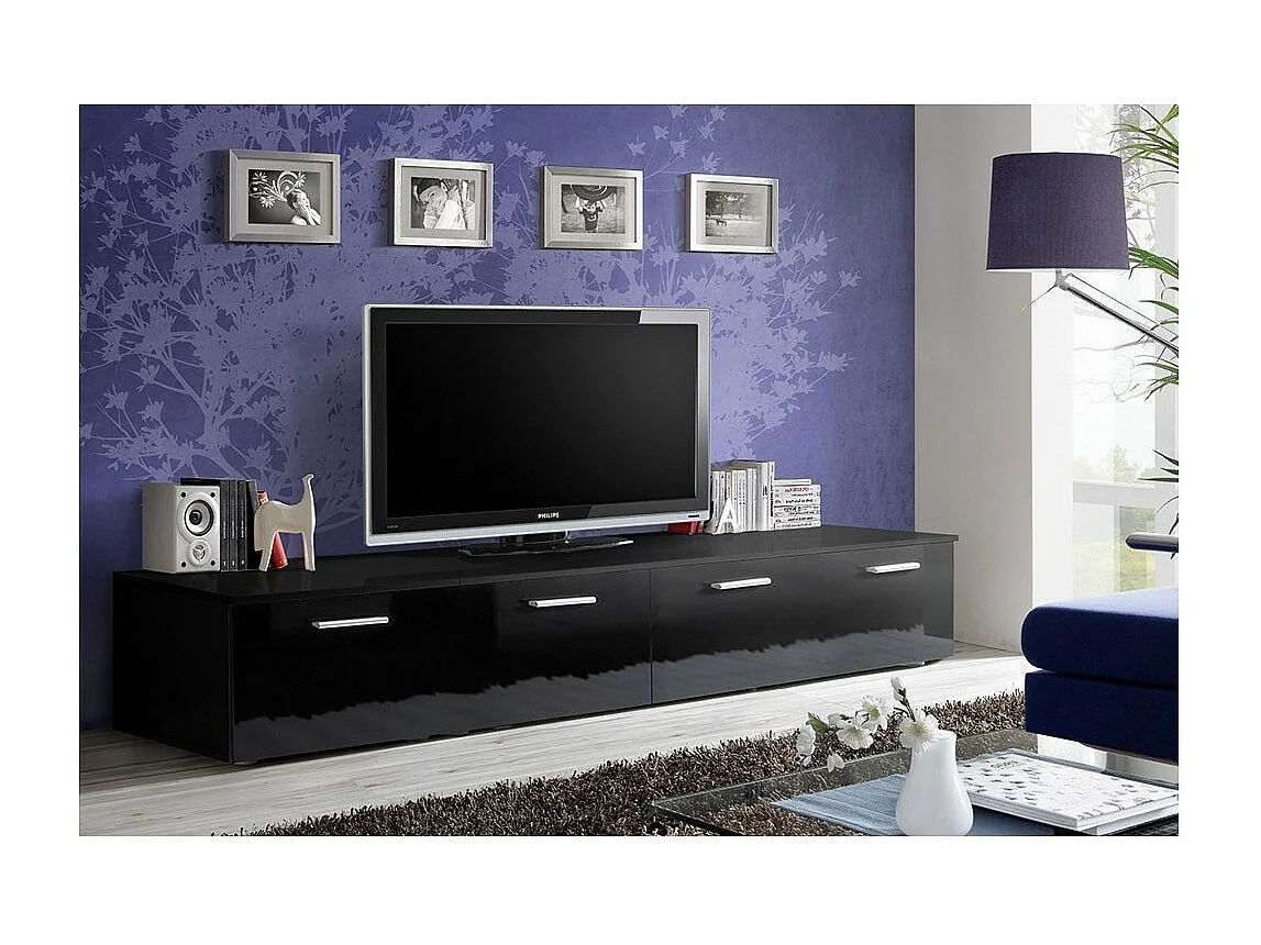 Meuble TV 200cm Collection COMET. Couleur noir. 2 portes abattantes.