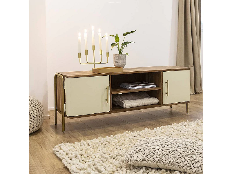 Mueble de TV de madera de acacia y metal Andrès con almacenamiento para vajilla de aperitivos