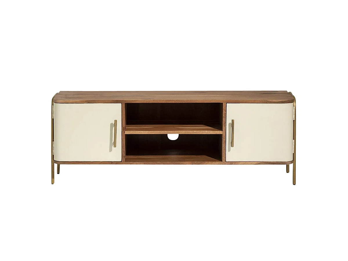 Mueble de TV de madera de acacia y metal Andrès con almacenamiento para vajilla de aperitivos