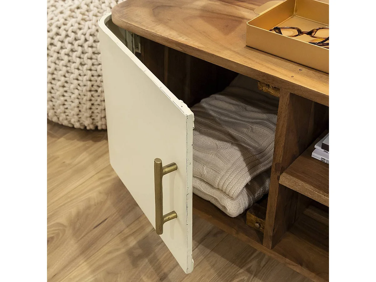 Mueble de TV de madera de acacia y metal Andrès con almacenamiento para vajilla de aperitivos