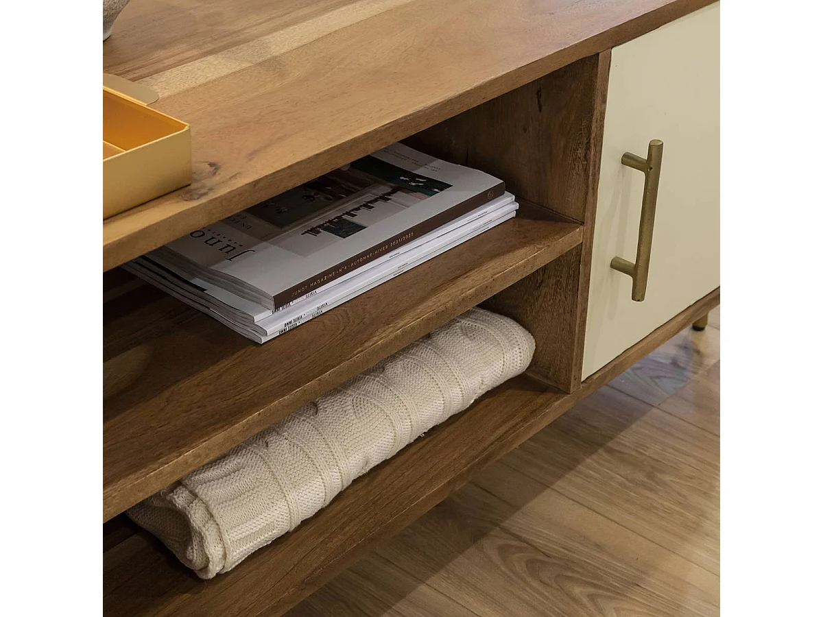 Mueble de TV de madera de acacia y metal Andrès con almacenamiento para vajilla de aperitivos