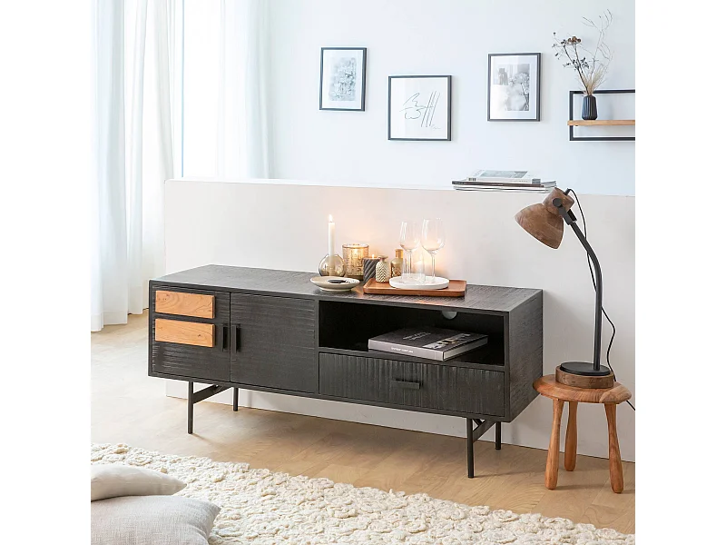 Mueble de TV de madera de acacia Lupin con almacenamiento - Estilo industrial