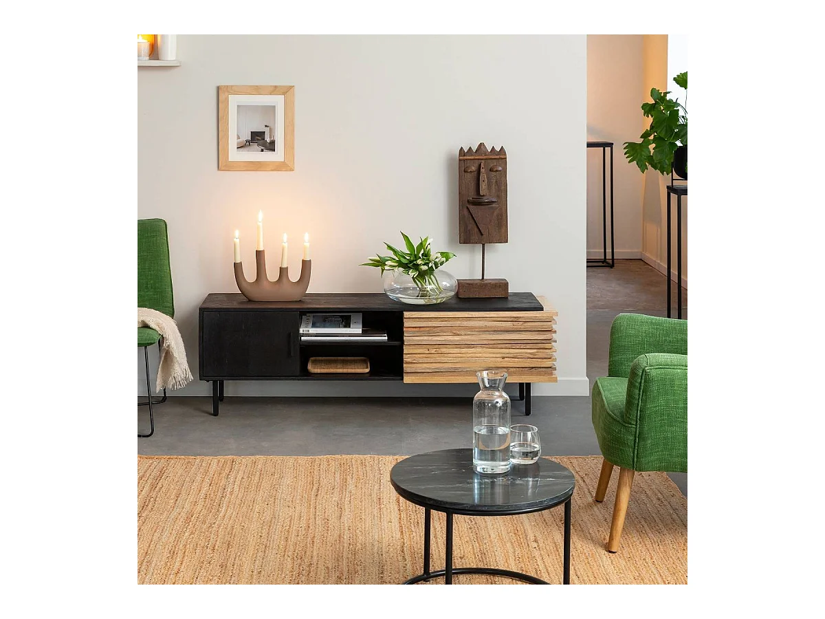 Mueble TV de madera de mango Tino con almacenamiento - Negro
