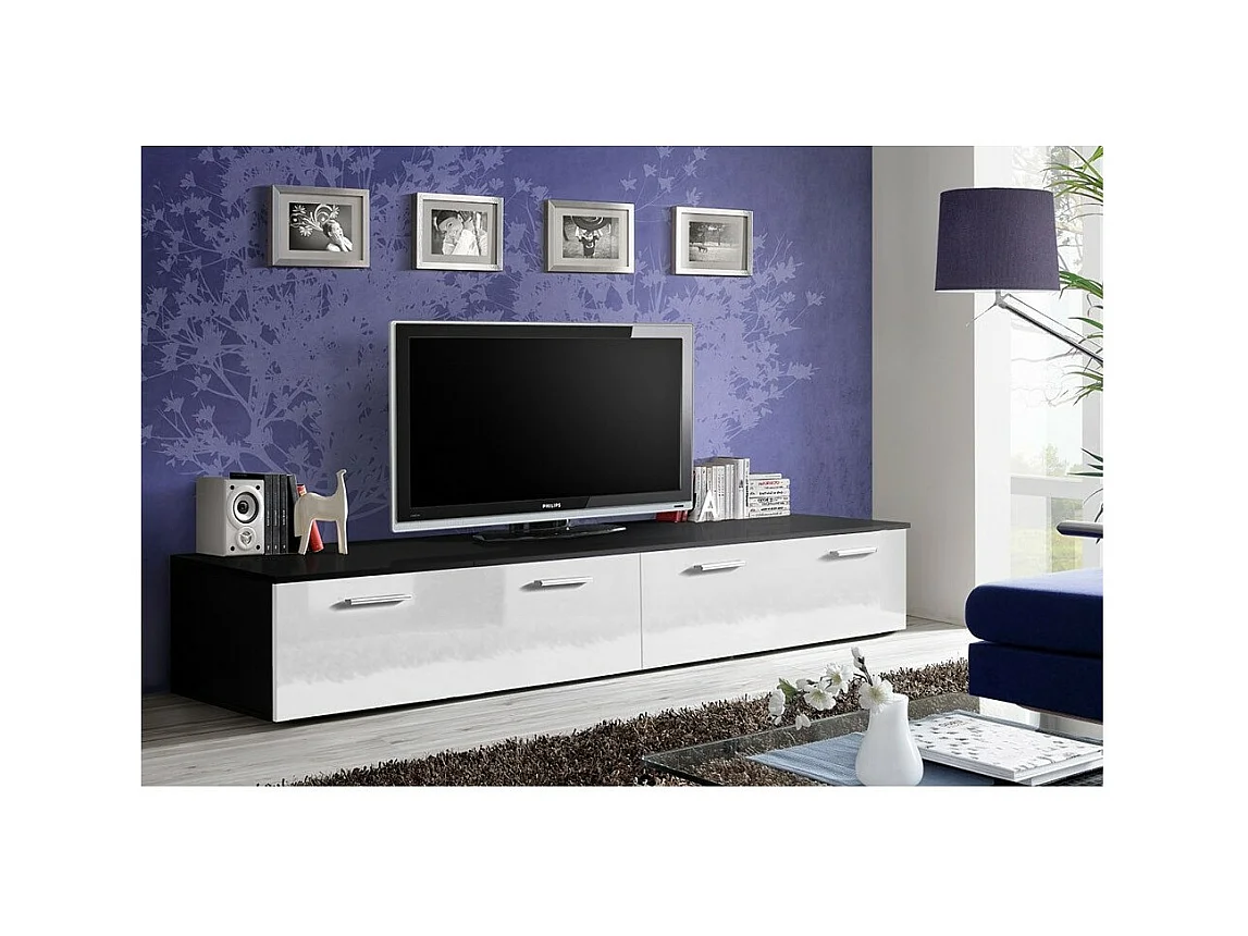Meuble TV 200cm Collection COMET. Couleur noir et blanc. 2 portes abattantes.