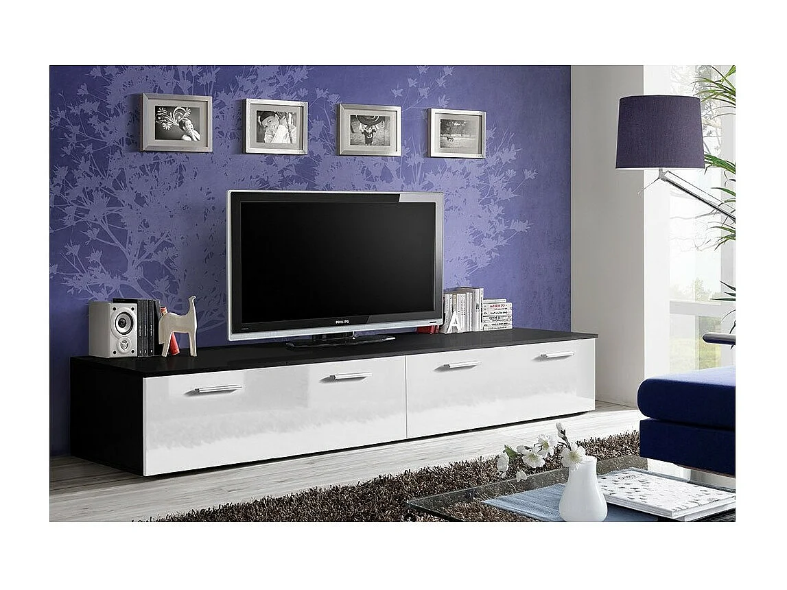 Meuble TV 200cm Collection COMET. Couleur noir et blanc. 2 portes abattantes.