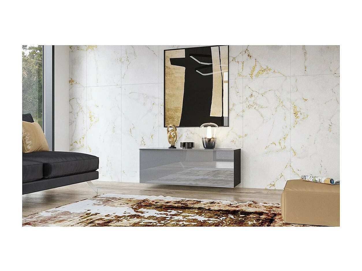 Meuble TV 120cm collection ZANTE avec 1porte. Couleur noir et gris brillant.