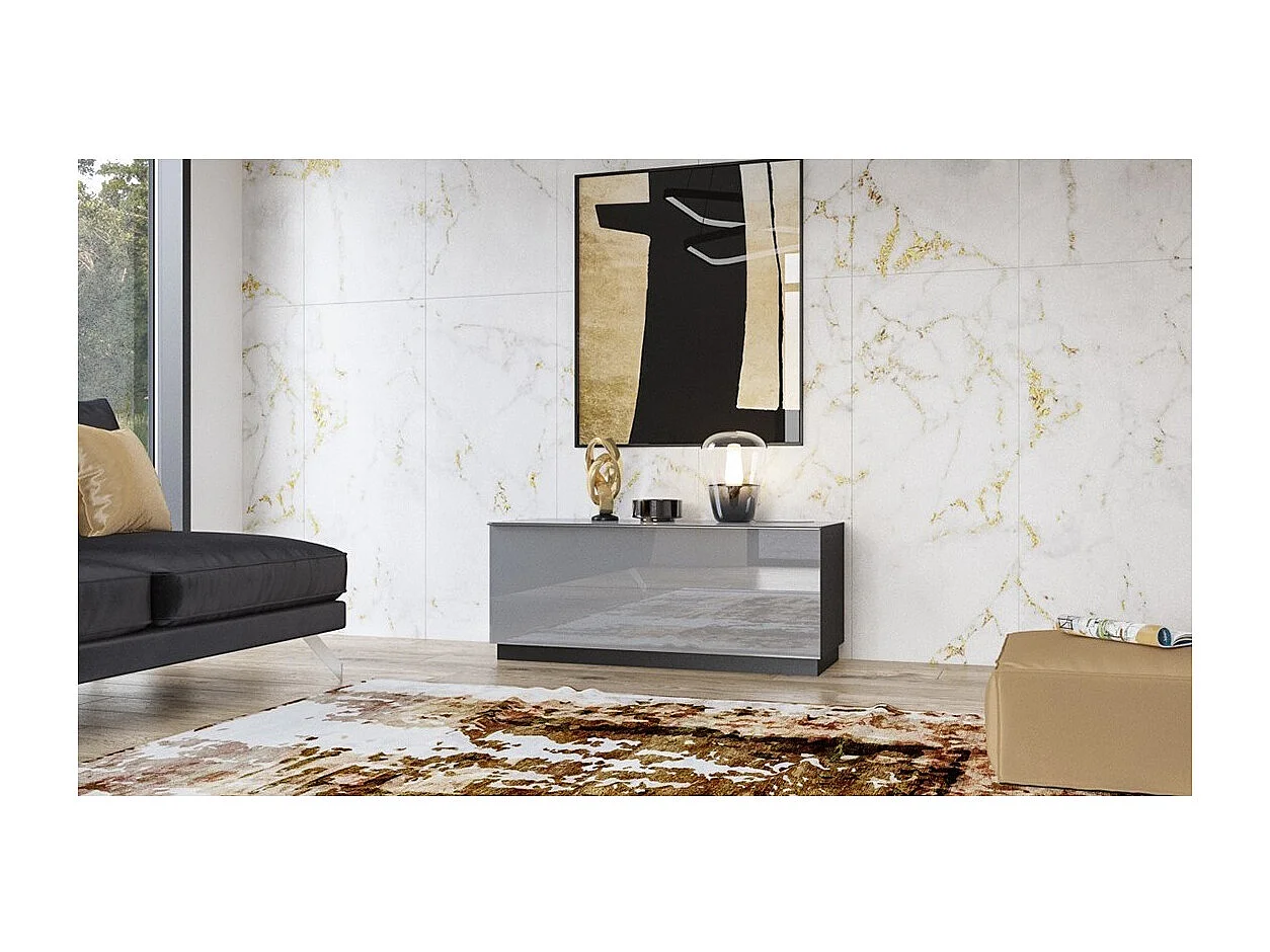 Meuble TV 120cm collection ZANTE avec 1porte. Couleur noir et gris brillant.