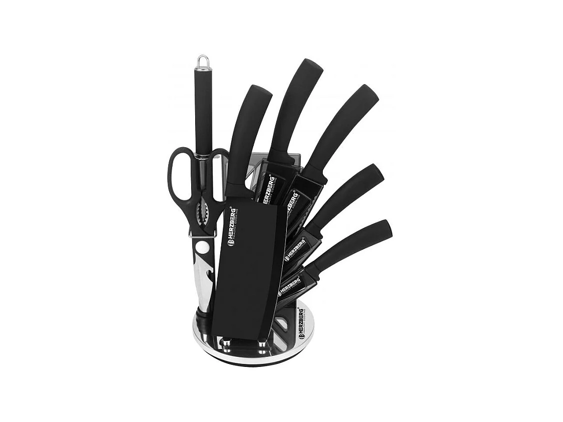 Set aus 8 Edelstahlmessern mit Acrylhalterung-Schwarz Herzberg HG-MSN8BLK