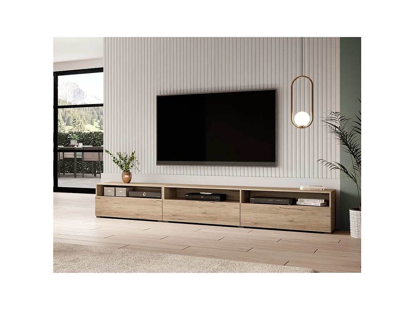 Meuble TV XL RAMOS – 270 cm – Chêne – 3 portes abattantes et 3 niches – À poser ou à suspendre