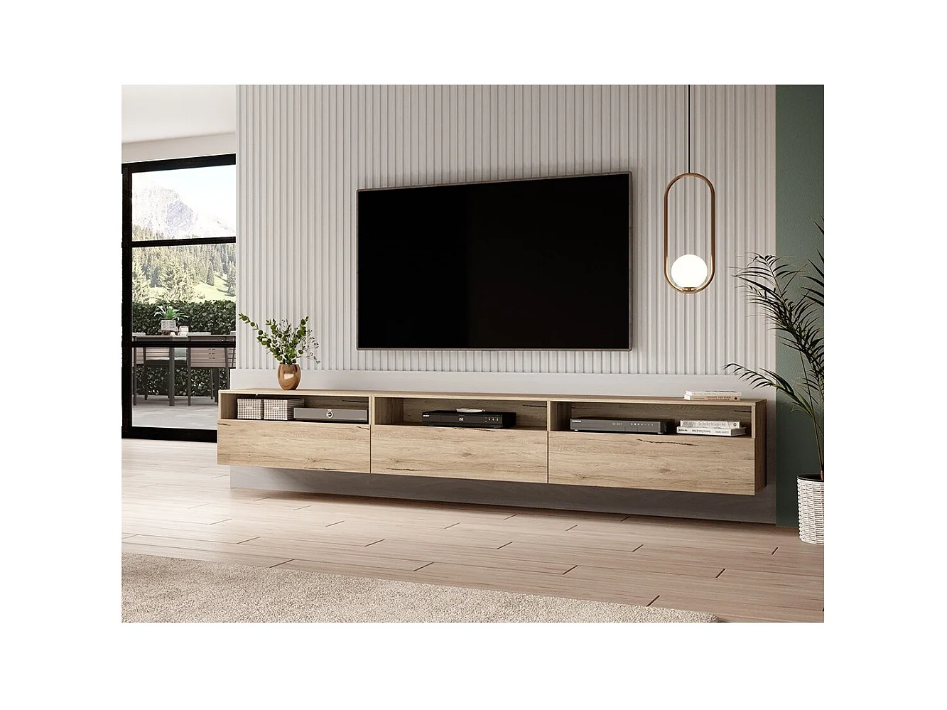 Meuble TV XL RAMOS – 270 cm – Chêne – 3 portes abattantes et 3 niches – À poser ou à suspendre