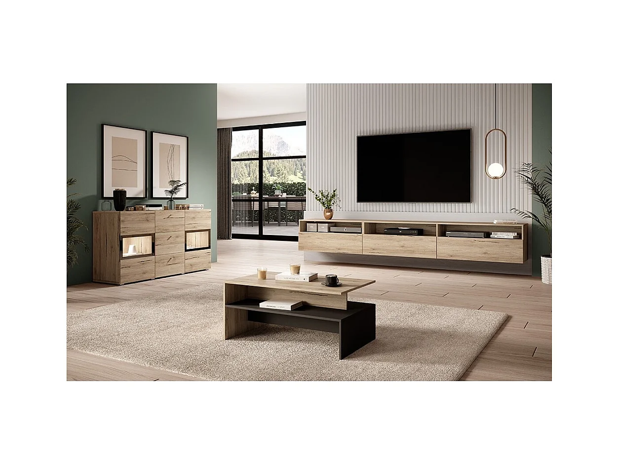 Meuble TV XL RAMOS – 270 cm – Chêne – 3 portes abattantes et 3 niches – À poser ou à suspendre