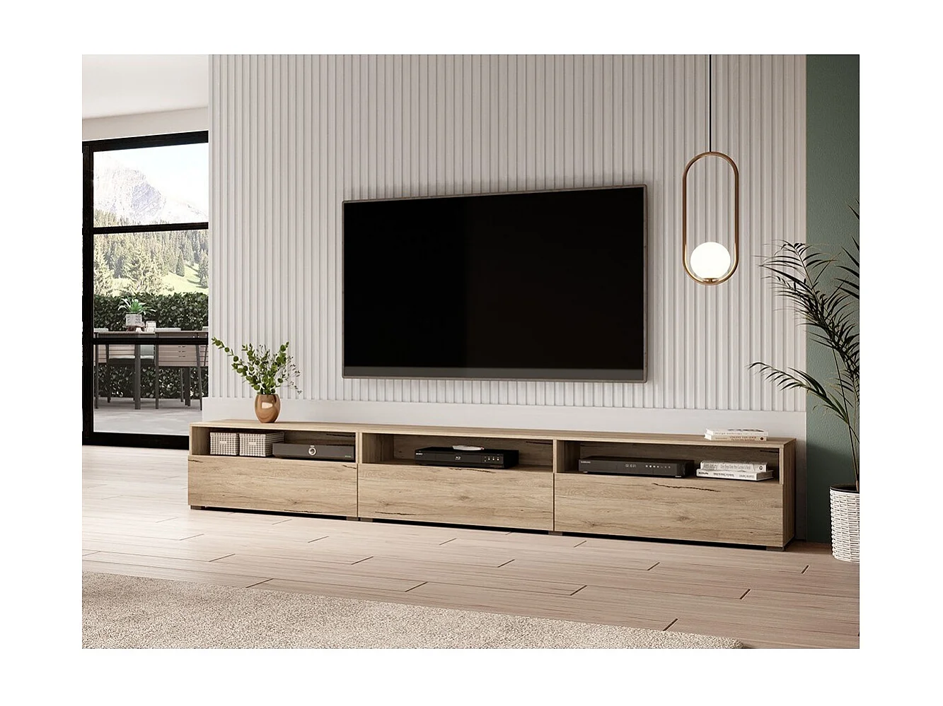 Meuble TV XL RAMOS – 270 cm – Chêne – 3 portes abattantes et 3 niches – À poser ou à suspendre