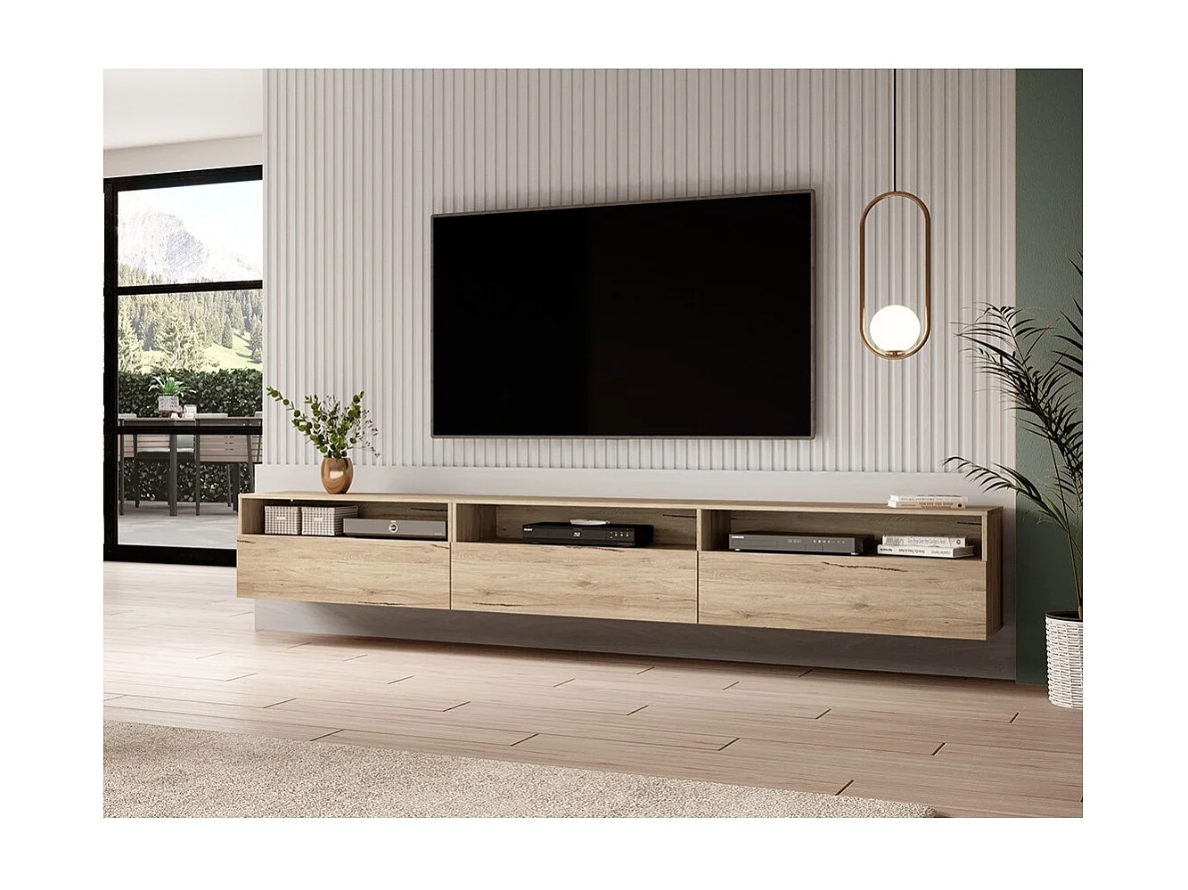 Meuble TV XL RAMOS – 270 cm – Chêne – 3 portes abattantes et 3 niches – À poser ou à suspendre