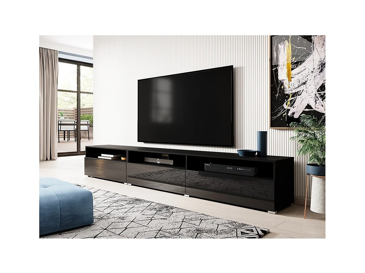Mueble TV RAMOS negro brillante 270 cm – 3 puertas abatibles y 3 nichos – Diseño moderno