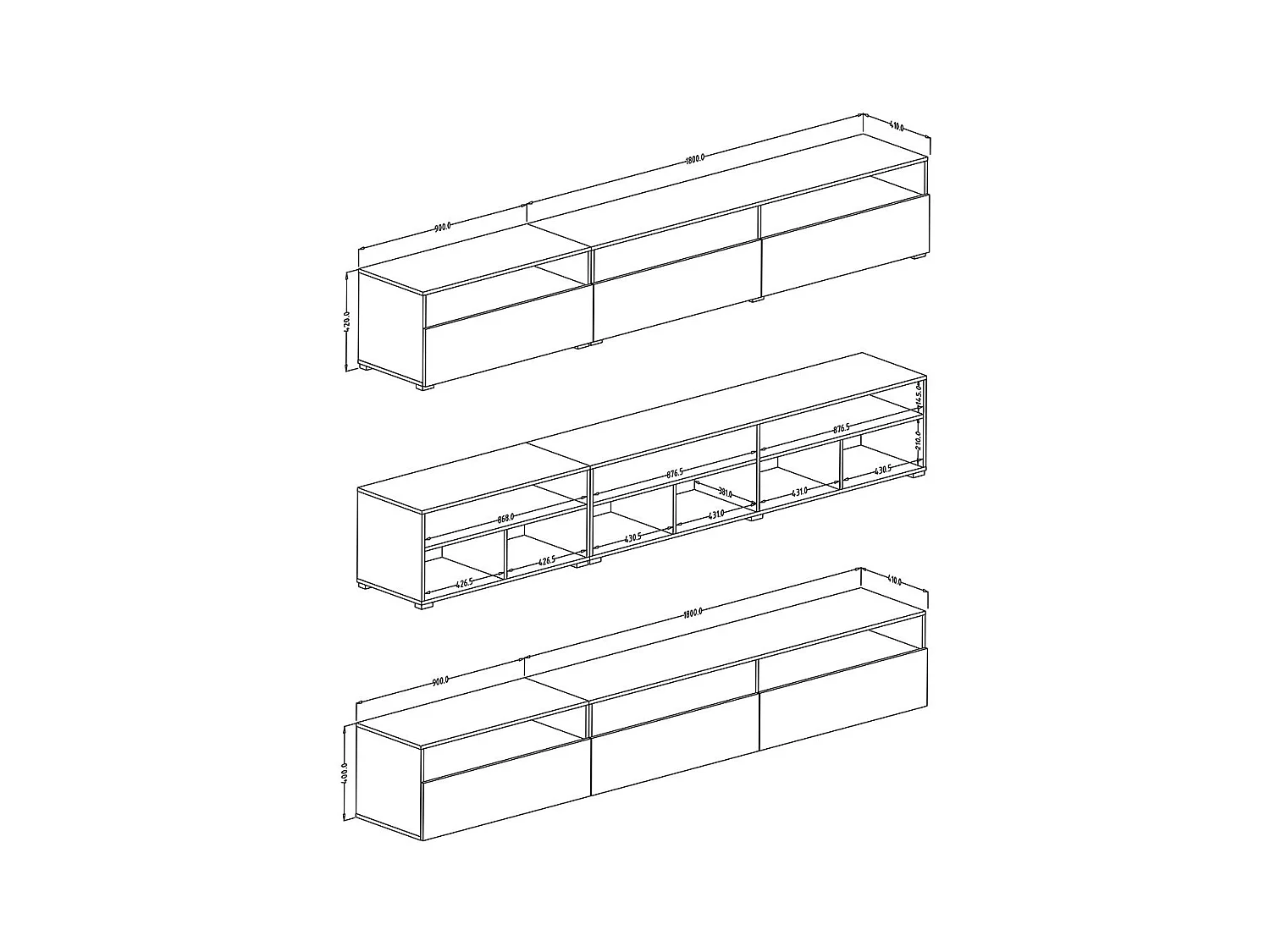 Mueble TV RAMOS negro brillante 270 cm – 3 puertas abatibles y 3 nichos – Diseño moderno