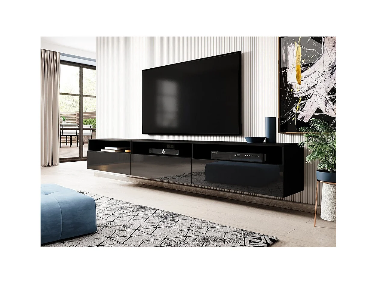 Mueble TV RAMOS negro brillante 270 cm – 3 puertas abatibles y 3 nichos – Diseño moderno