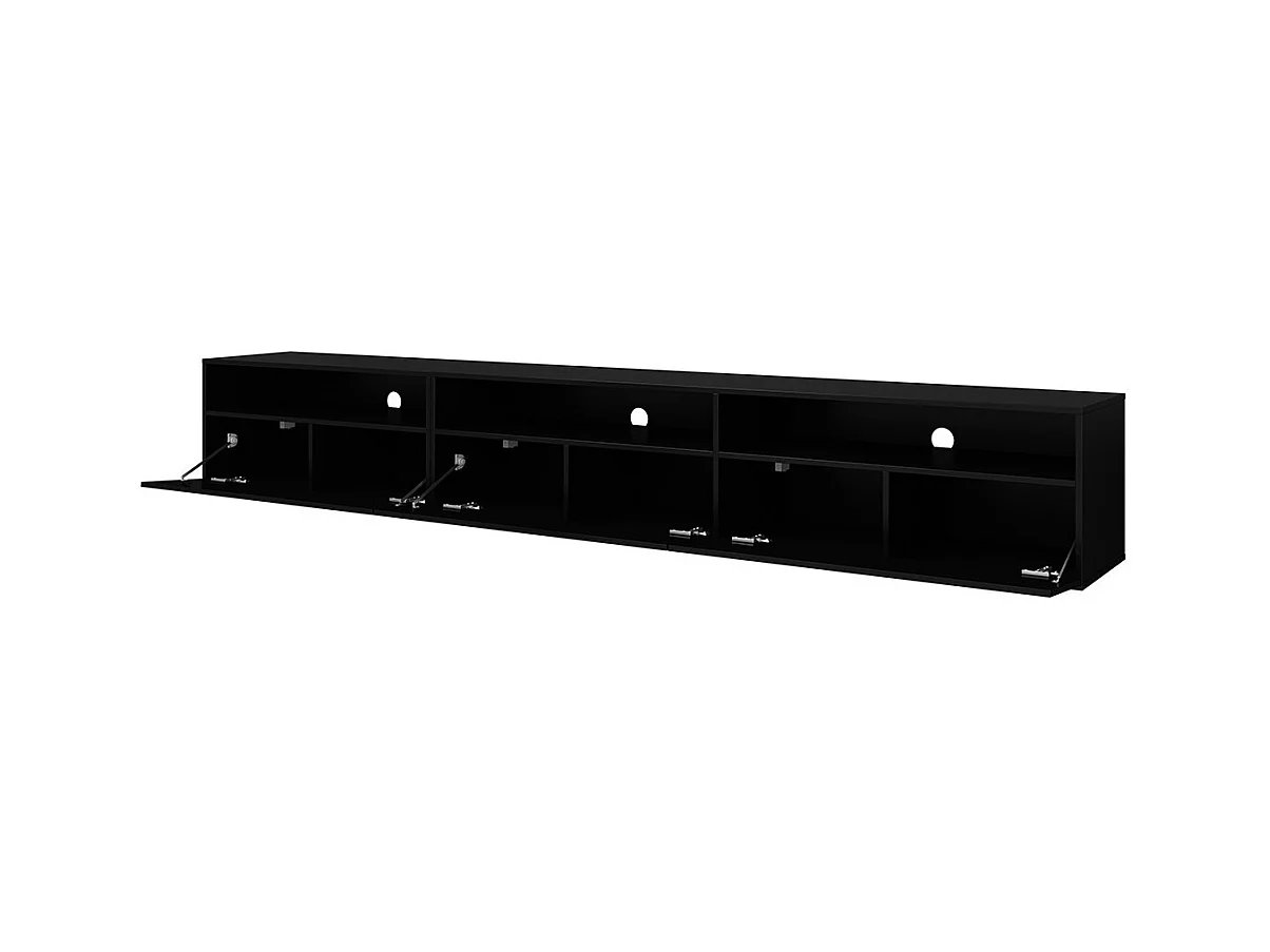 Meuble TV RAMOS noir brillant 270 cm – 3 portes abattantes et 3 niches – Design moderne