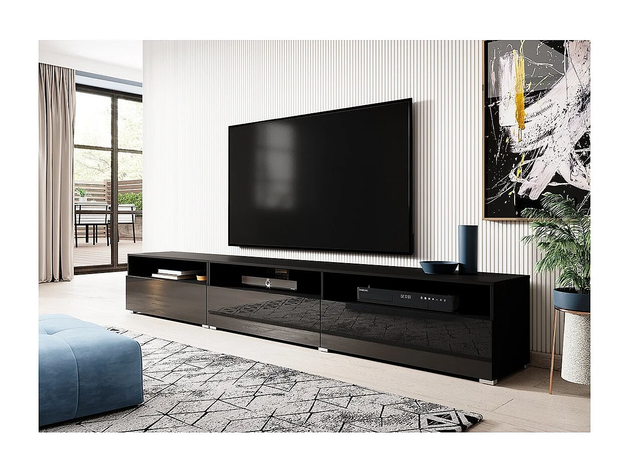 Meuble TV RAMOS noir brillant 270 cm – 3 portes abattantes et 3 niches – Design moderne