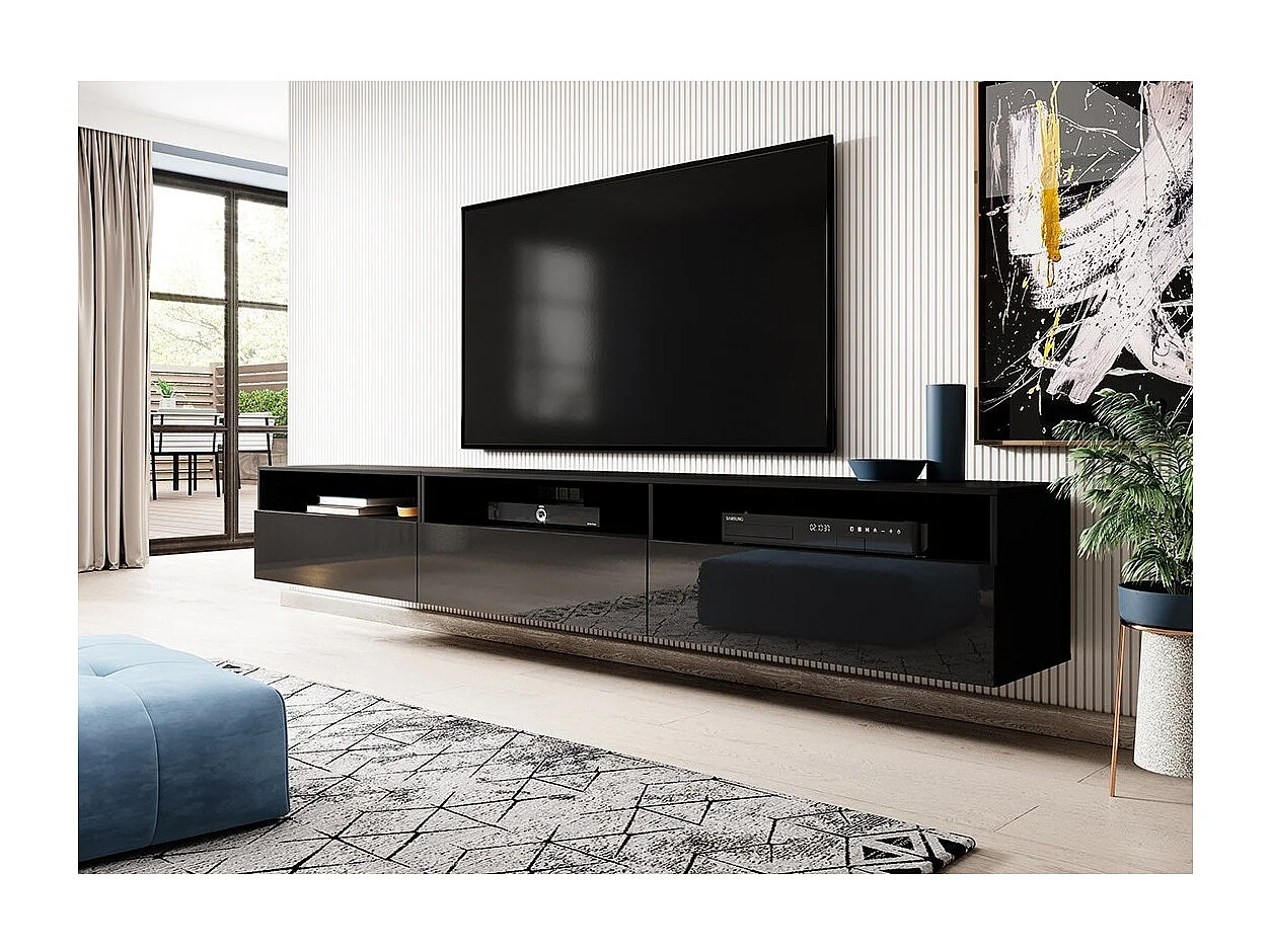Meuble TV RAMOS noir brillant 270 cm – 3 portes abattantes et 3 niches – Design moderne