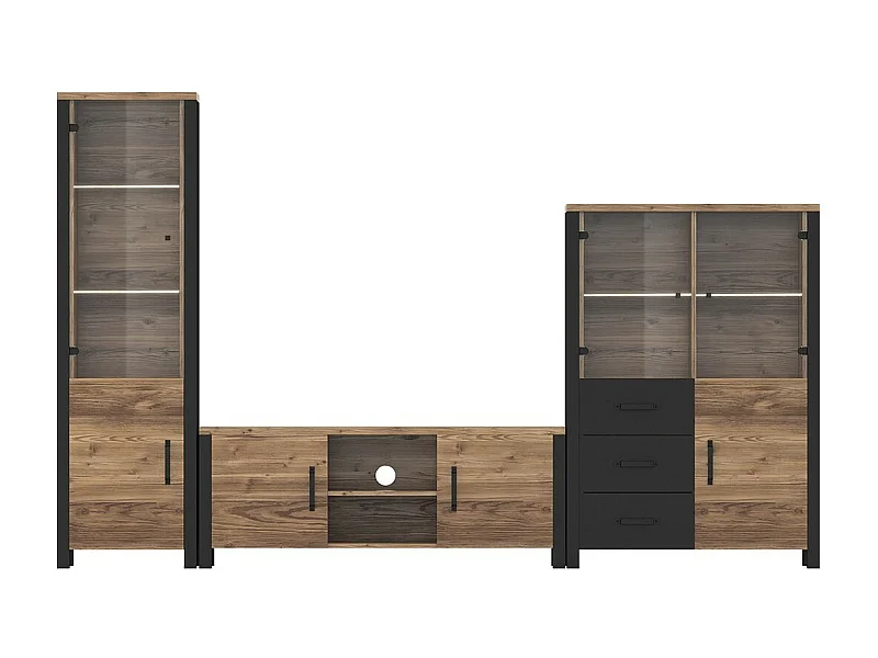 Set van 3 meubels uit de DARWIN-collectie. Kleur sparrenhout en zwart.