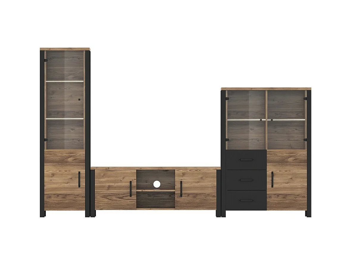 Set van 3 meubels uit de DARWIN-collectie. Kleur sparrenhout en zwart.