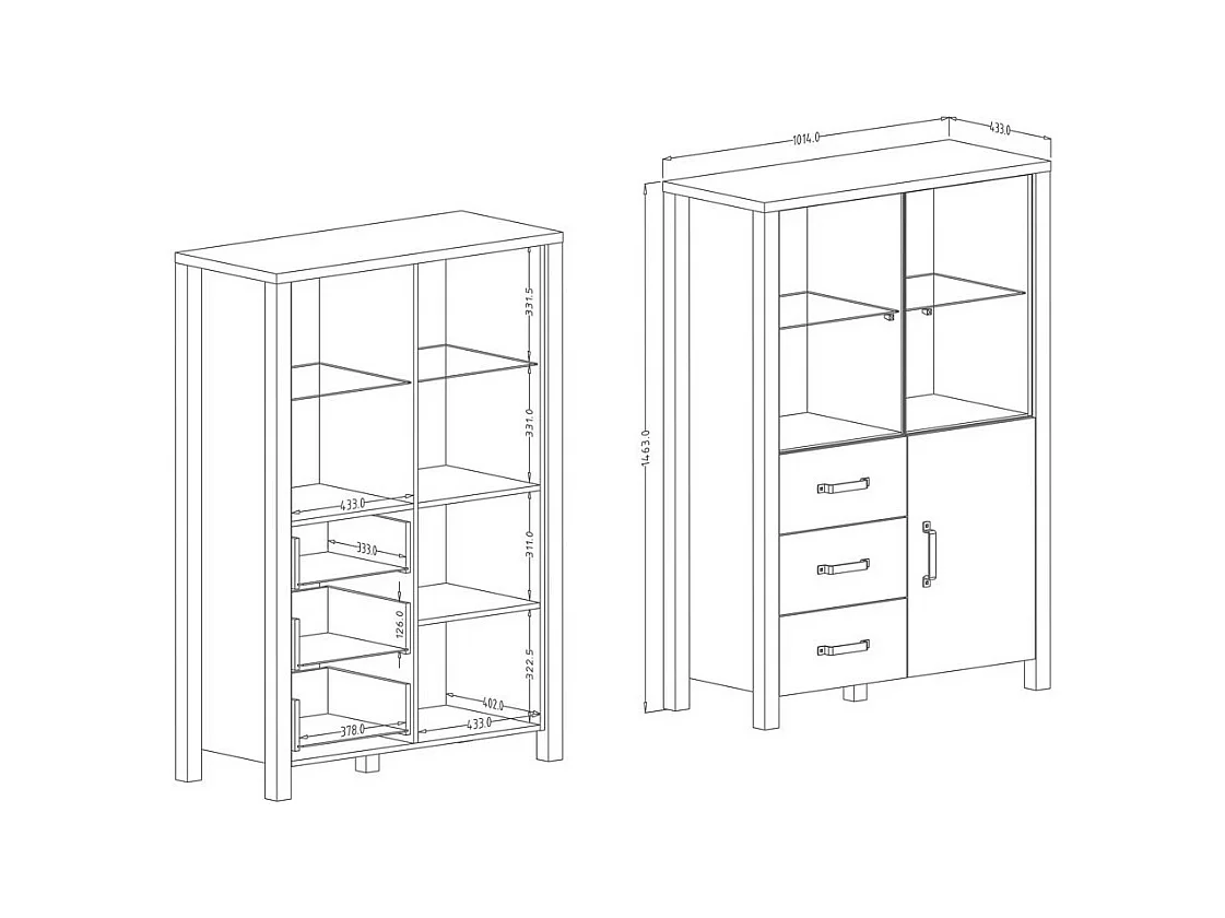 Set van 3 meubels uit de DARWIN-collectie. Kleur sparrenhout en zwart.