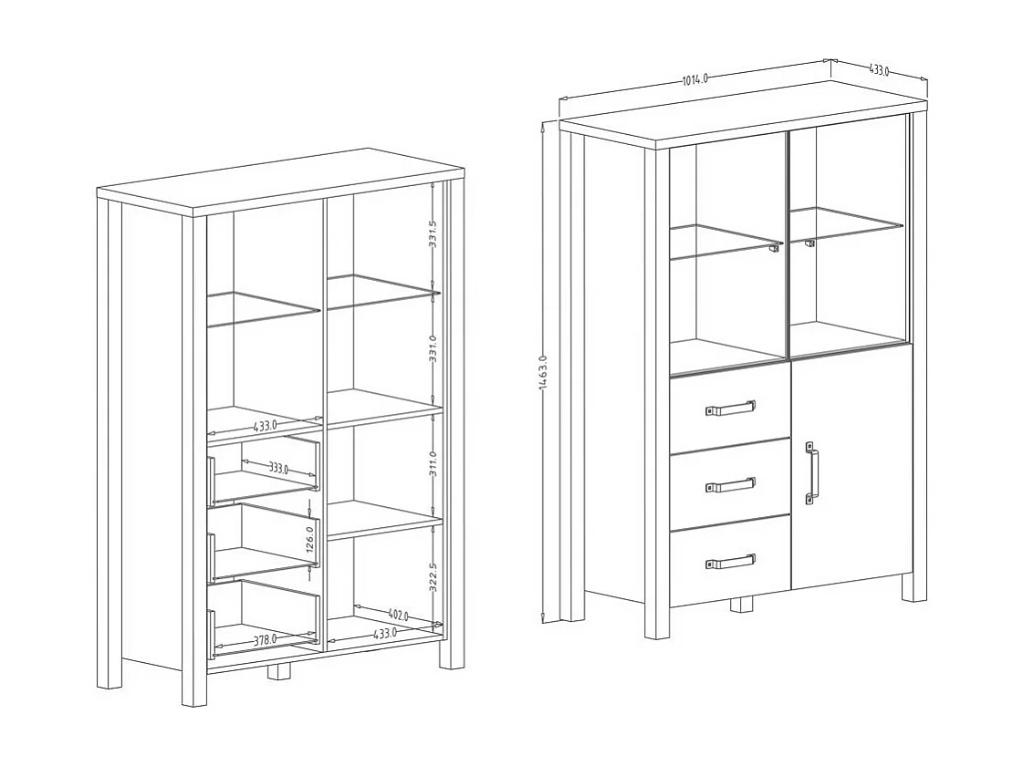 Set van 3 meubels uit de DARWIN-collectie. Kleur sparrenhout en zwart.