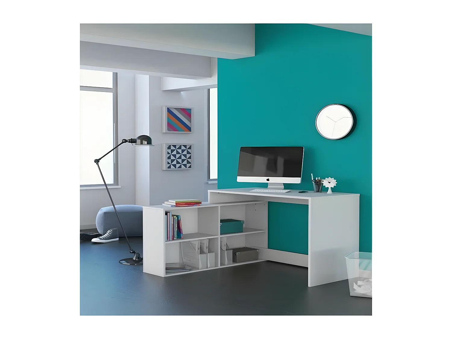 Zeitgemäßer Eckschreibtisch in mattem Weiß NAGANO mit Stauraum - L 111,9 cm