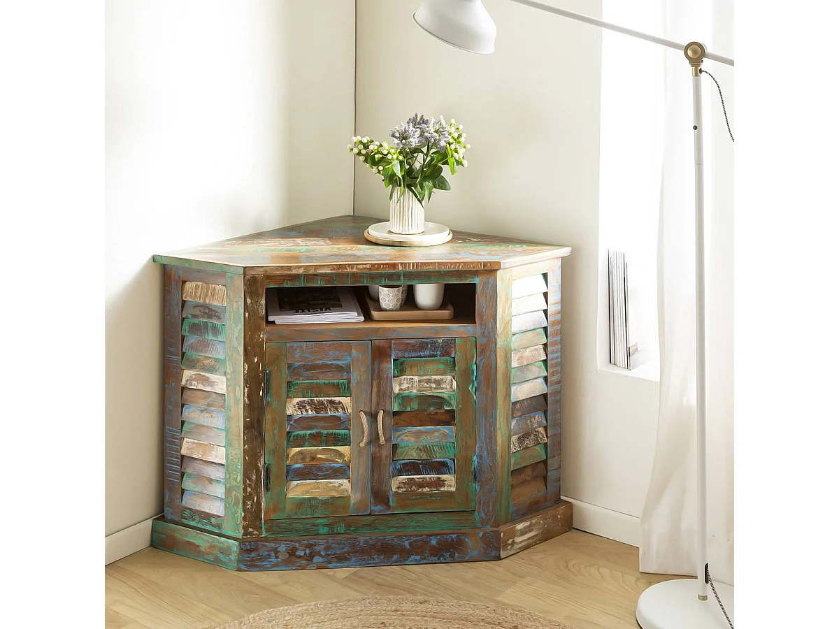 Buffet de esquina de madera reciclada Ethnik multicolor con puertas persianas y tiradores de cuerda