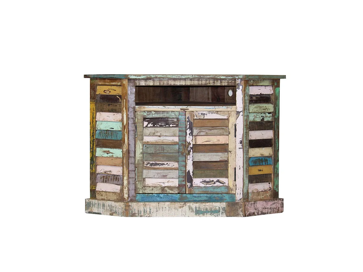 Buffet de esquina de madera reciclada Ethnik multicolor con puertas persianas y tiradores de cuerda