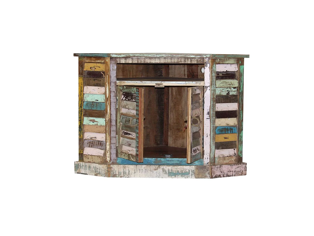Buffet de esquina de madera reciclada Ethnik multicolor con puertas persianas y tiradores de cuerda