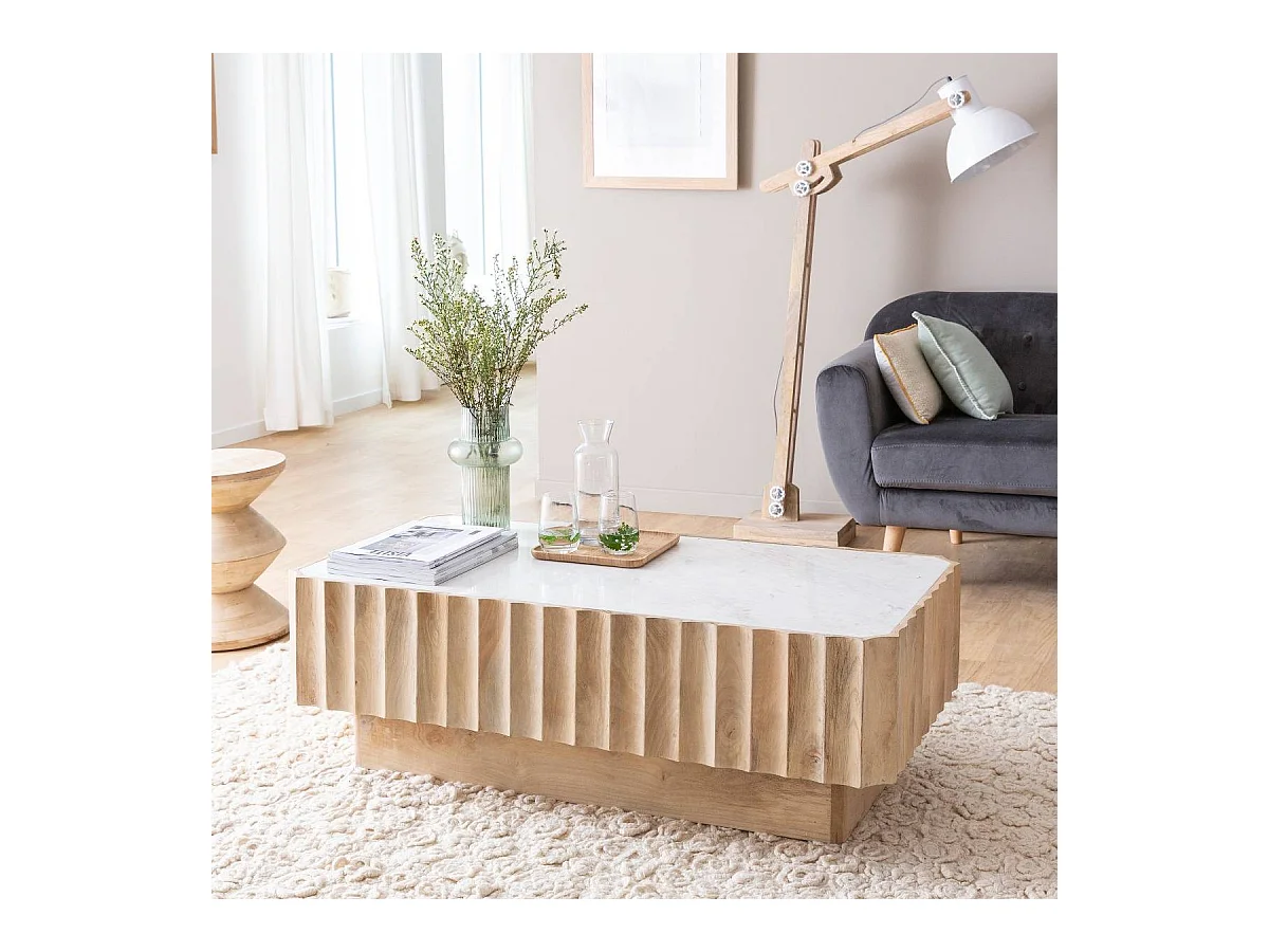 Table basse rectangulaire en bois de manguier et marbre blanc Moana