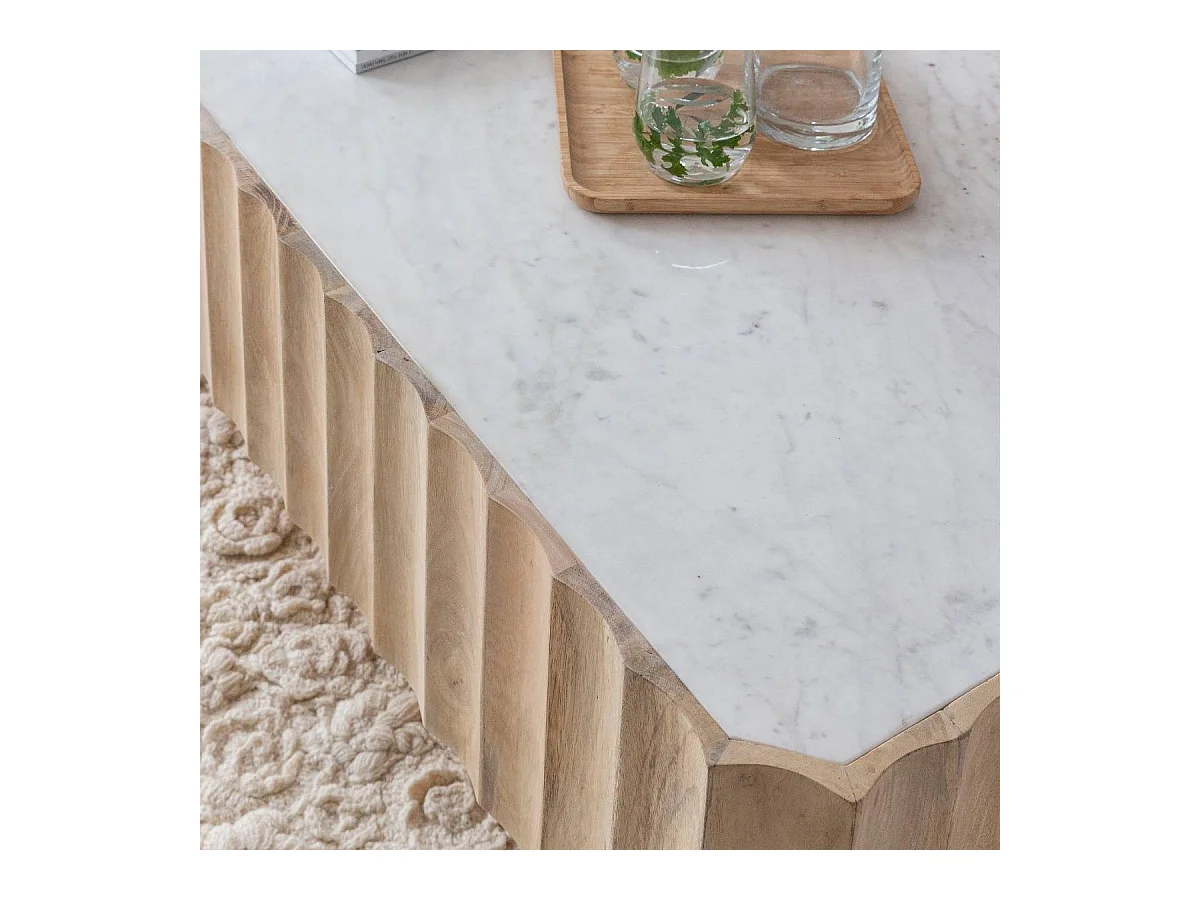 Table basse rectangulaire en bois de manguier et marbre blanc Moana