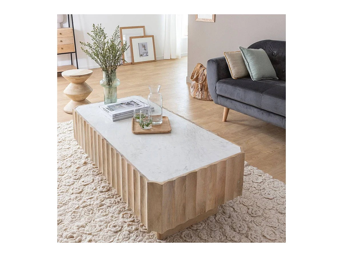 Table basse rectangulaire en bois de manguier et marbre blanc Moana